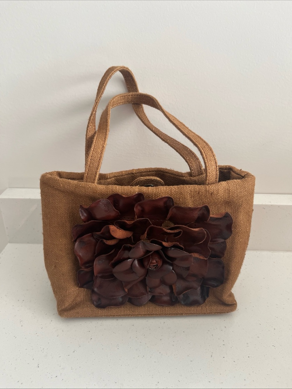 Paolo Masi Tan Jute Tote with Brown Floral Applique